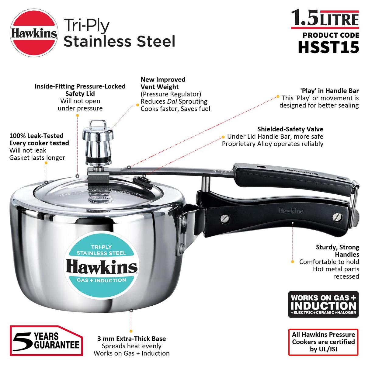 Hawkins 1.5 Litre Triply Stainless Steel Pressure Cooker, Inner Lid Induction Baby Cooker, Silver (HSST15) 1.5 Litres