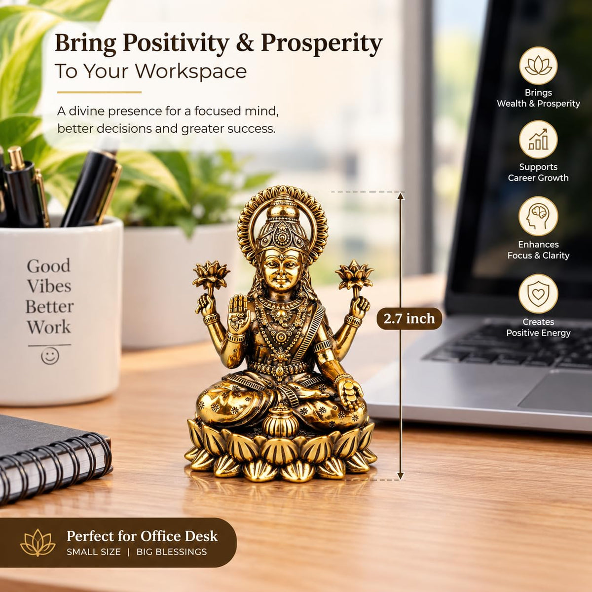 Brass Lakshmi Devi Idol — Sitting Kubera Lakshmi Statue on Lotus with Money Pot, Antique Finish Mahalaxmi Murti for Diwali Pooja & Home Temple, 2.7 Inch