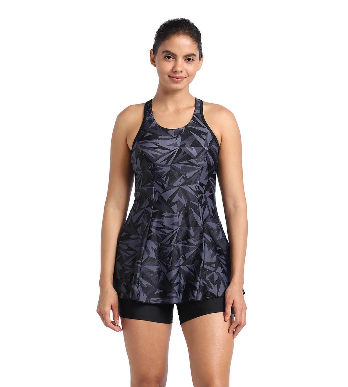 Speedo Women's Endurance 10 Hyperboom Printed Racerback Swimdress with Boyleg - Black & Oxid Grey