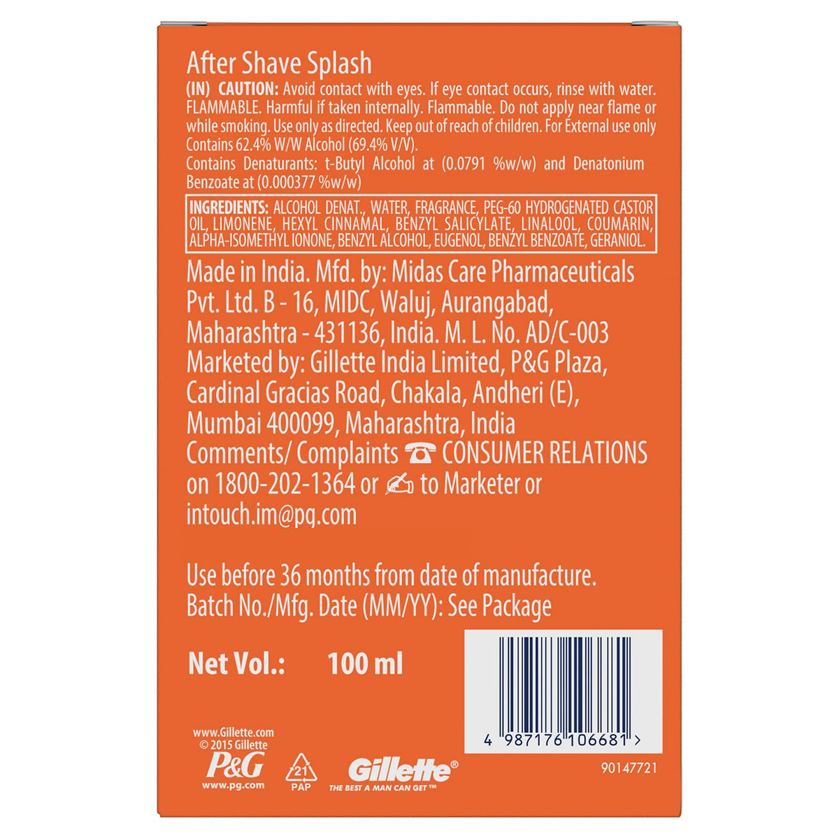 Gillette Men Pro Fresh After Shave Splash Liquid Icy Cool 100Ml, White.