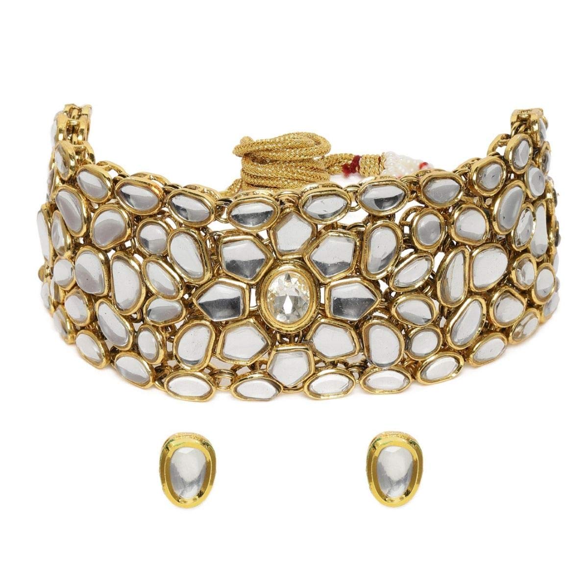 ACCESSHER Gold Plated Kundan Choker Necklace Set for Women | Traditional Indian Jewelry with Stud Earrings & Adjustable Dori | Elegant Bridal Accessory for Wedd