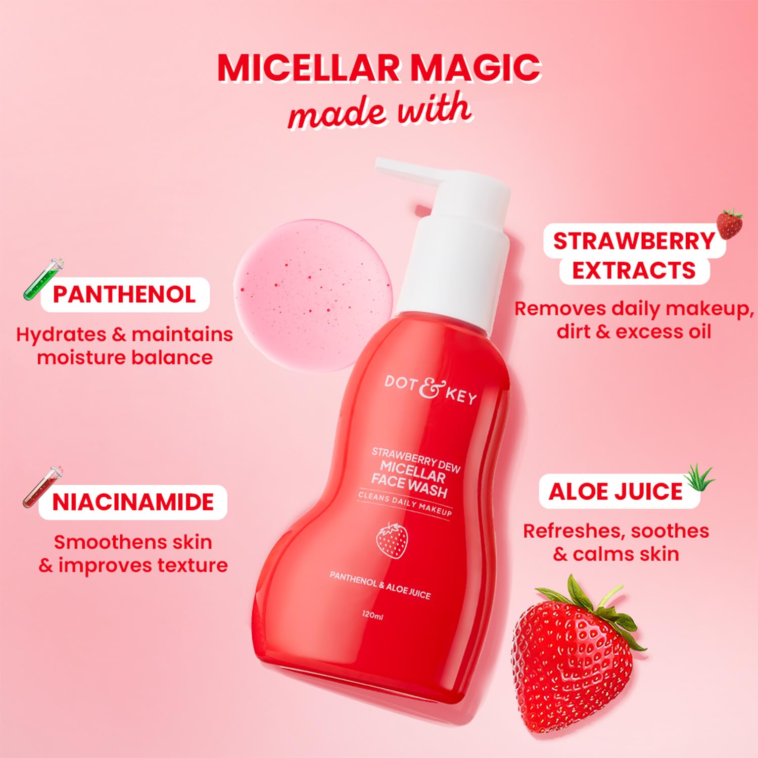 Dot & Key Strawberry Dew Micellar Face Wash, Cleanses Daily Makeup, Non-Drying & Soap-Free Formula, With Panthenol & Aloe Vera Juice, Removes Excess Oil & Dirt, Hydrates & Soothes Skin, Sulphate-Free- 120ml