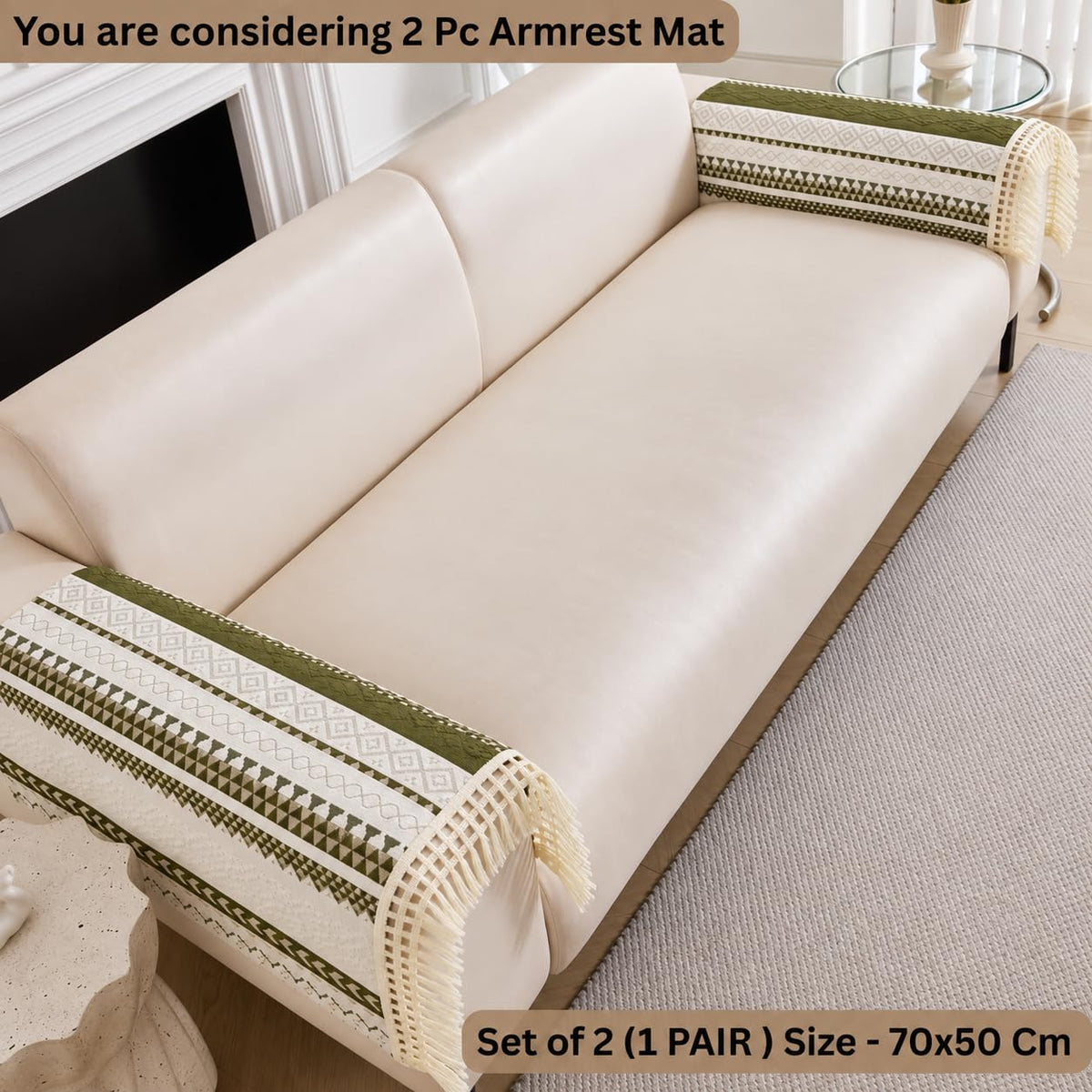 HOMETHREADS Innovative European Premium Style Anti Slip Cotton Sofa Cover Mat with PVC Backing for Non-Slip Comfort (Green, 2Pc Armrest Mat | 70x50cm) Green 2Pc