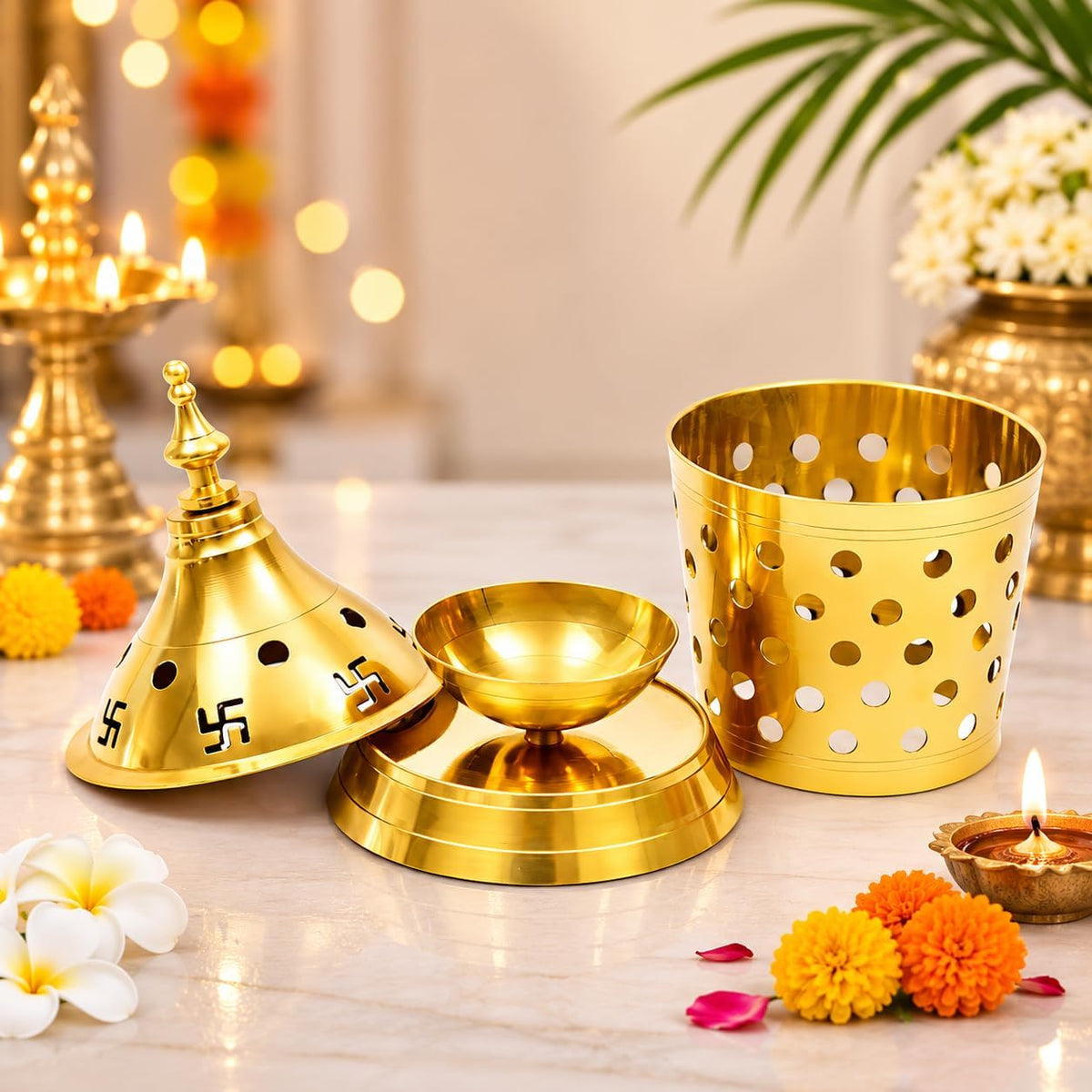 Brass Akhand Diya with Jyoti Diya Cover Divi Oil Lamp for Temple Spiritual Oil Wick Lamp Large