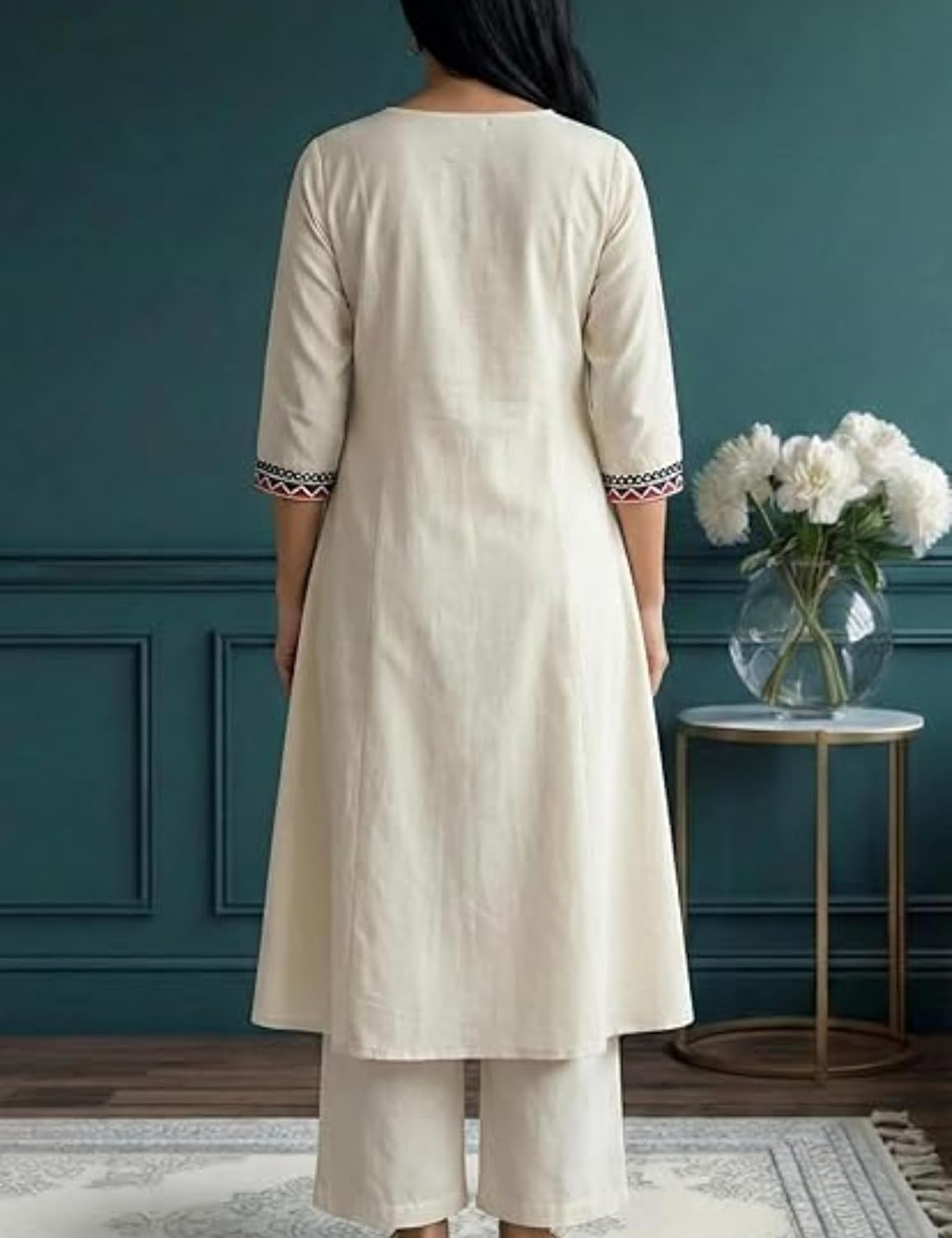 Memore Women’s Orange A-Line Khadi Cotton Embroidered Kurta Set| L White