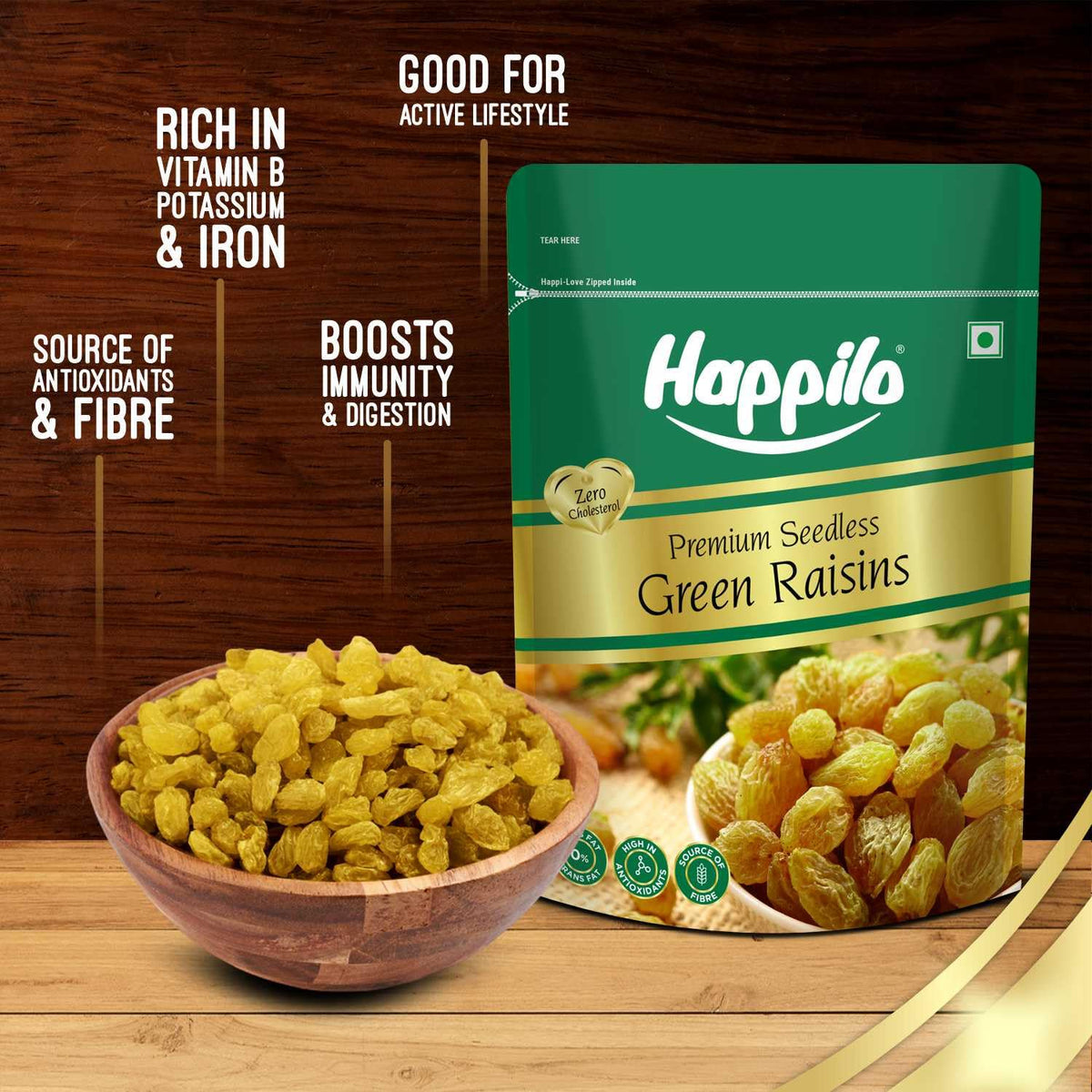 Happilo Premium Seedless Green Raisins 500g | Quality Kishmish/Kismis | Dry Fruits, Healthy Snacks | Rich in Iron & Vitamin B | Antioxidant Rich | Healthy Dry F