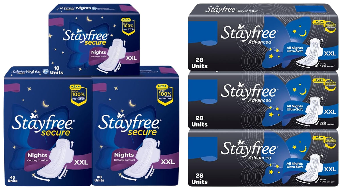 Stayfree Secure Night Sanitary Napkins For Women (98 Pads), Combo Offer Pack Buy 80 Pads Get 18 Pads & Advanced Xxl|Combo Packs 84 Pads|All Night Ultra Comfort