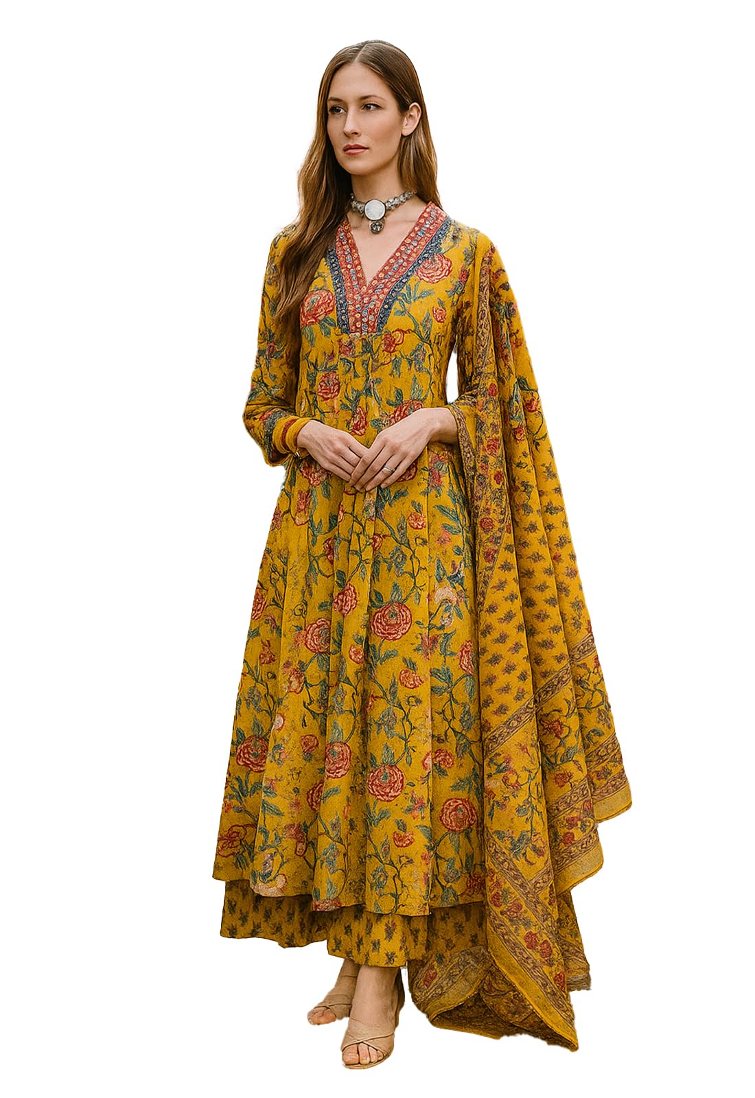 Yashika Floral Regular Womens Kurta Printed Cotton Blend Fabric with Trousers and Dupatta 40 Yellow