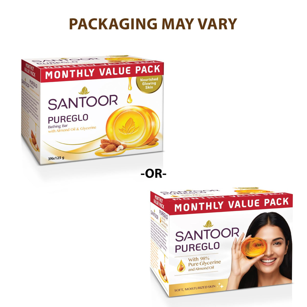 Santoor PureGlo Glycerine Soap with Almond Oil and Glycerine, 125g for Nourished Glowing Skin
