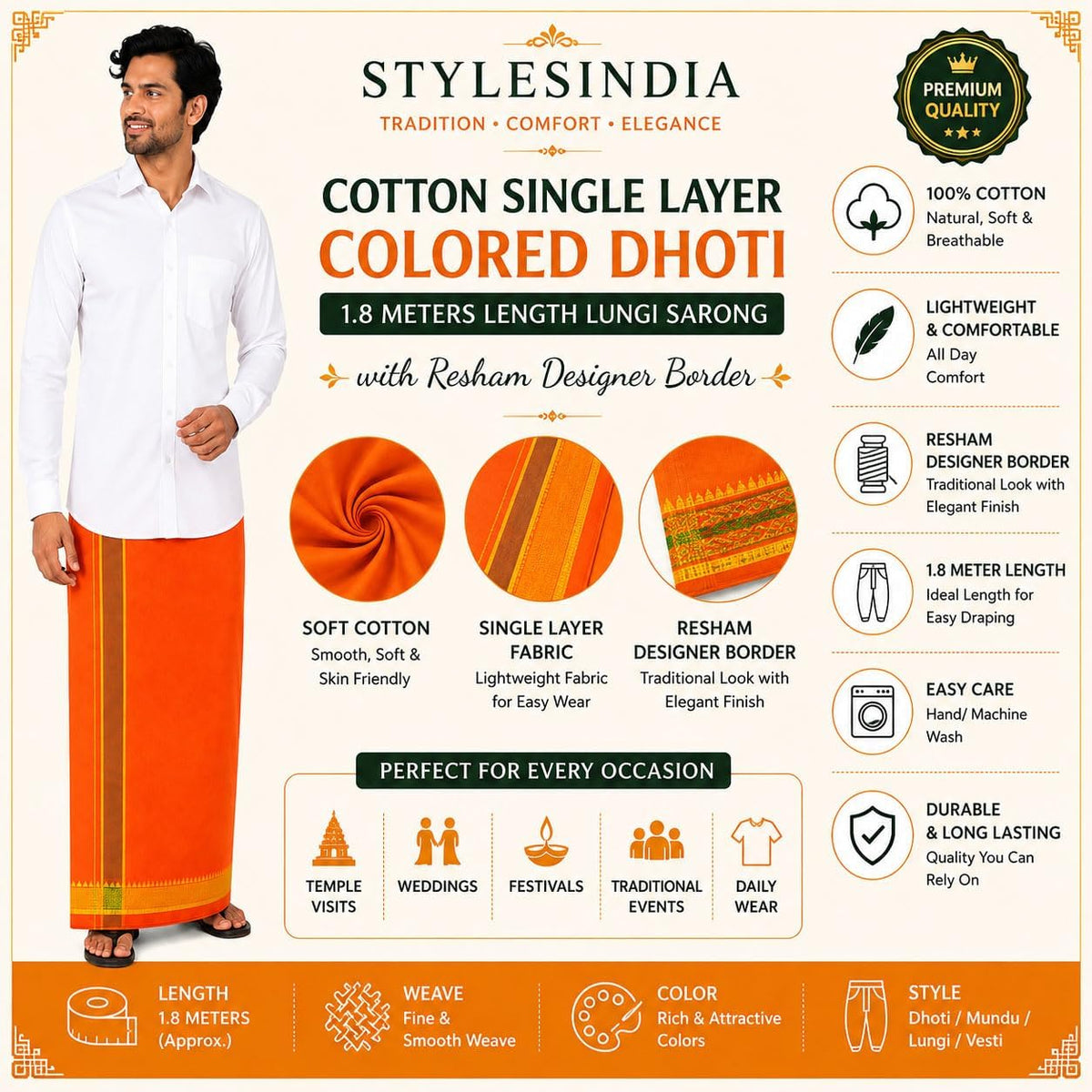 Men’s Cotton Single Layer Dhoti, 1.8 Meter Colored Lungi Sarong with Resham Designer Border Orange
