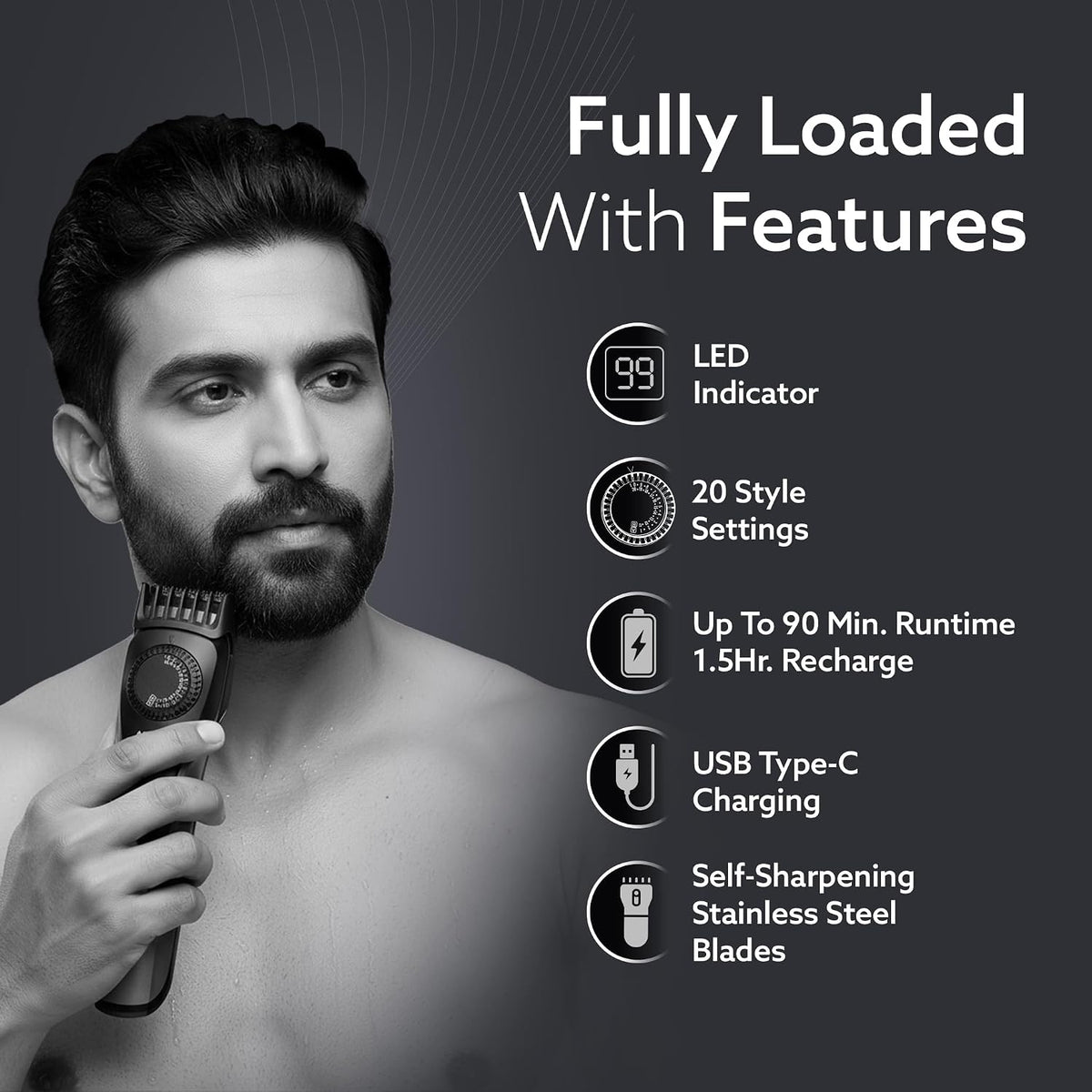 AGARO Beard Trimmer, Cordless Electric Beard Trimmer with Precision Dial, USB Rechargeable, 20 Length Settings Mustache Trimmer for Mens Gifts MT2525 Black & Gr