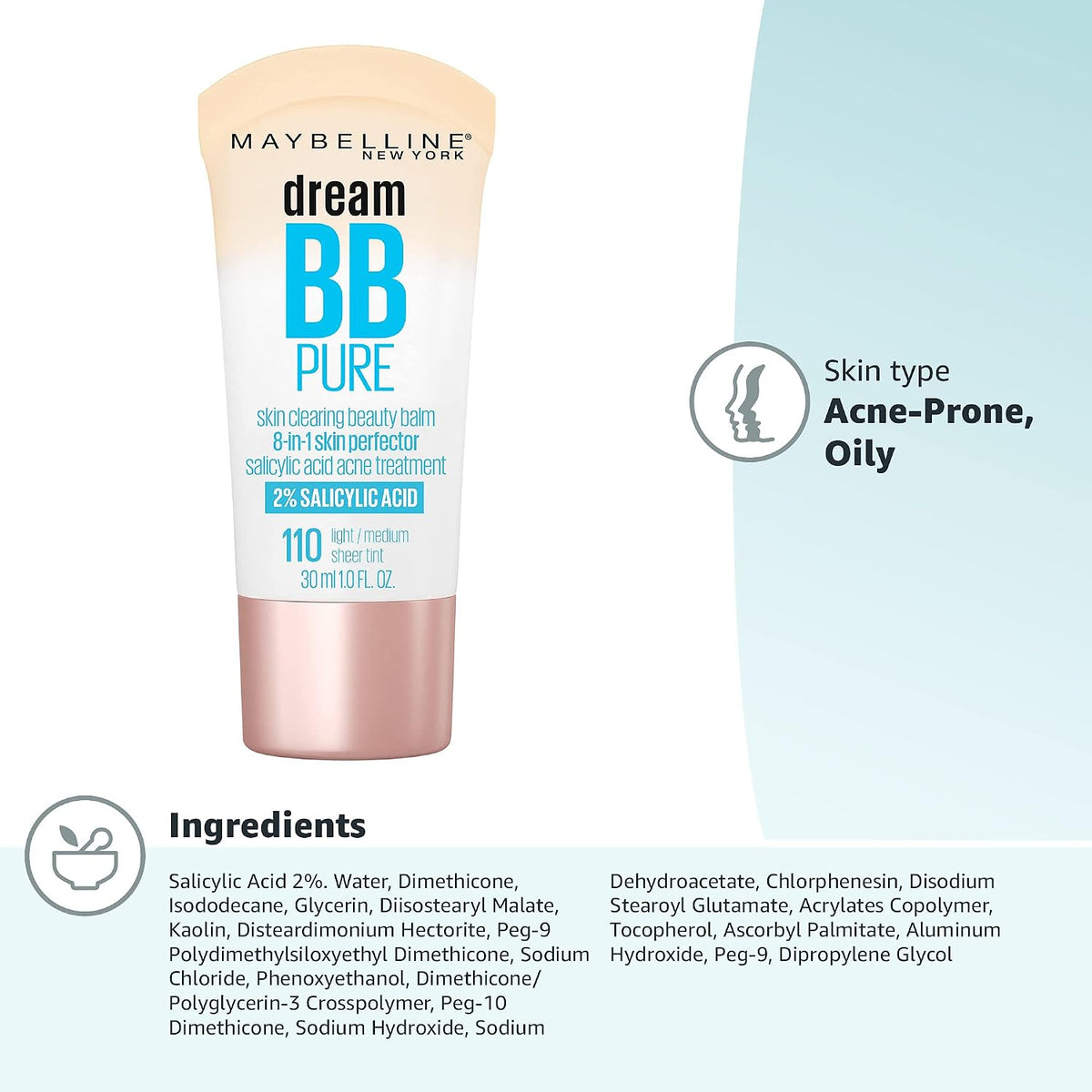 Maybelline Dream Pure BB Cream, Light/Medium, 1 Ounce 30 ml (Pack of 1) 110 LIGHT/MEDIUM