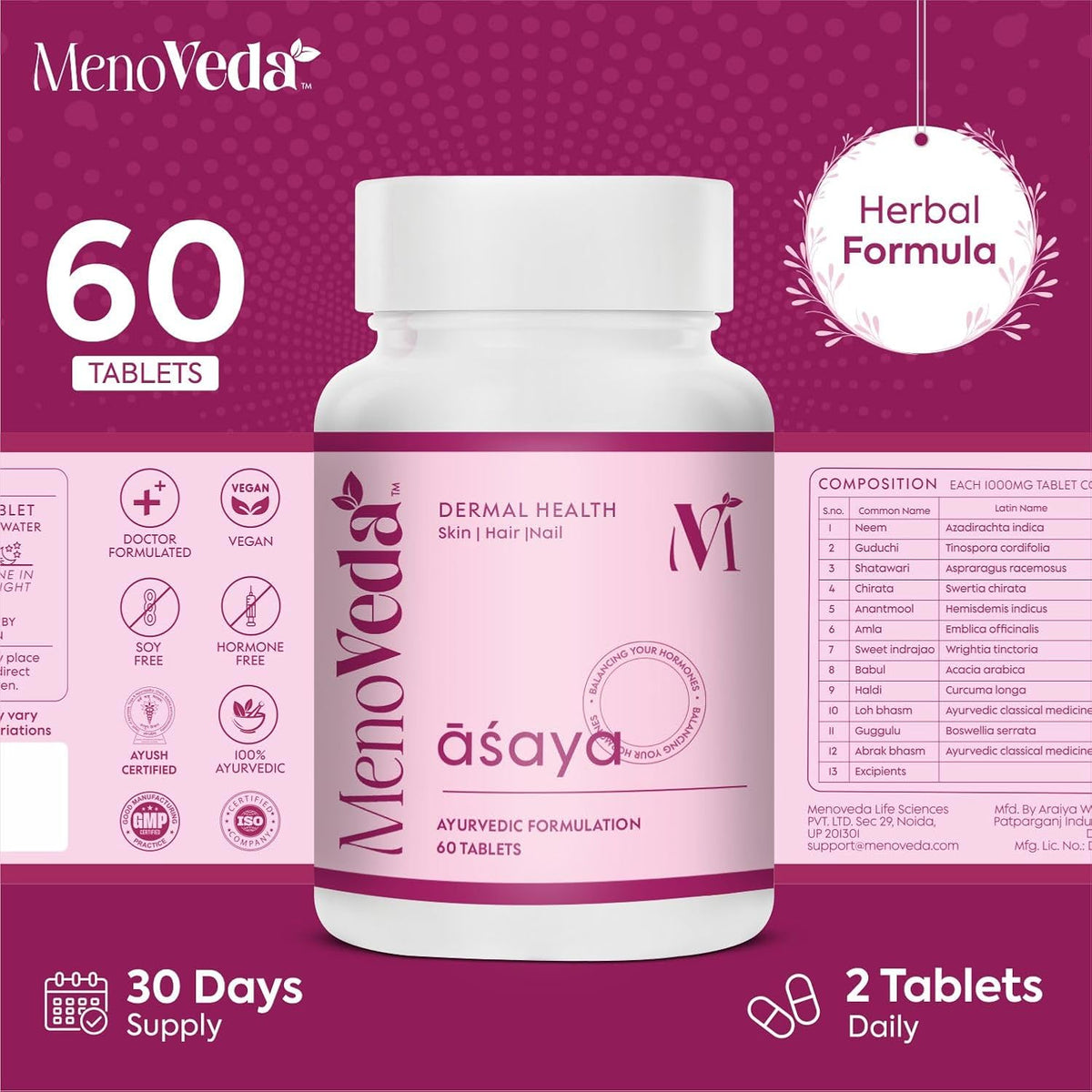 Menoveda Asaya Menopause Support Supplement for Women – 60 Tablets (Pack of 2) | Skin, Hair & Nail Health with Hormone Balance Support | Perimenopause & Menopau