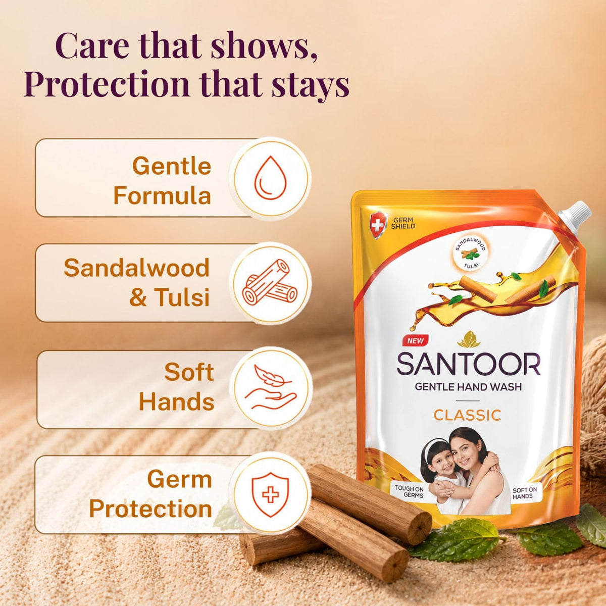 Santoor Classic Gentle Hand Wash with Natural goodness of Sandalwood & Tulsi, 1200ml