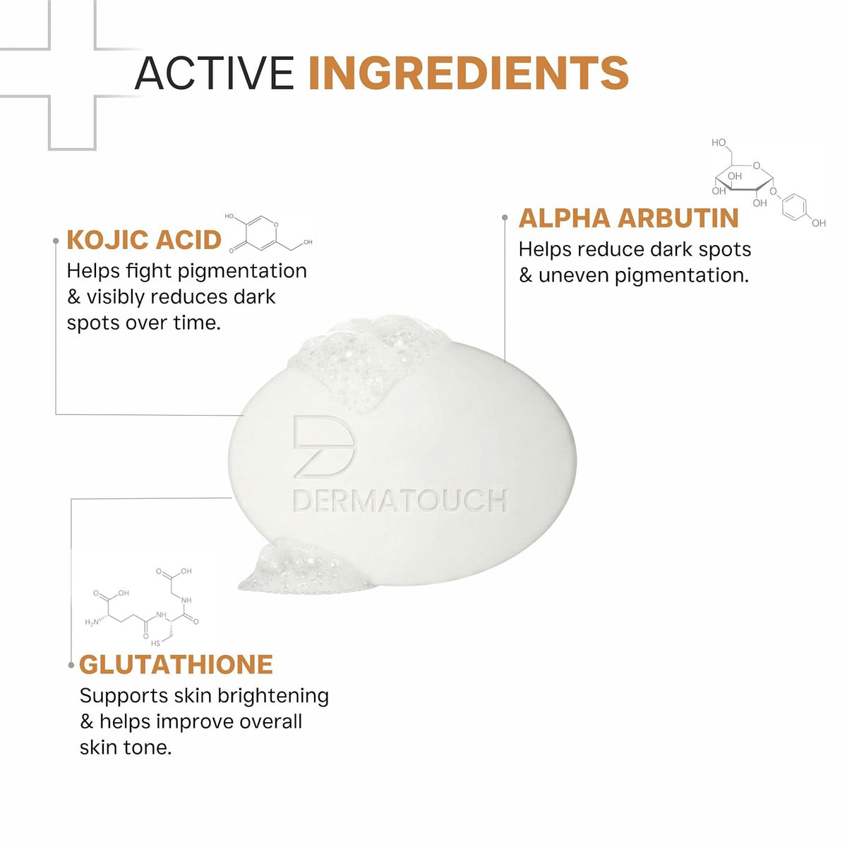 DERMATOUCH Kojic Acid 1% Soap with Glutathione & Alpha Arbutin | Skin Brightening & Tan Removal Soap for Dark Spots, Pigmentation & Sun Damage | pH 5.5 Syndet B