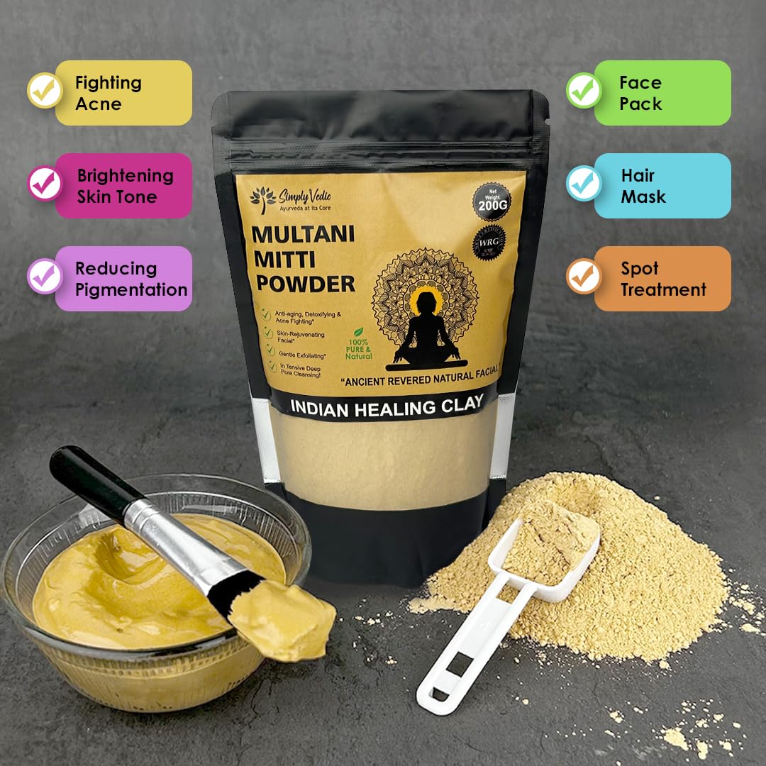 Simply Vedic 100% Natural Multani Mitti Powder Face Pack (200Gms-Pack1) For Exfoliating Soothing Nourishing Face, Skin & Hair| Indian Healing Clay/Calcium Bento