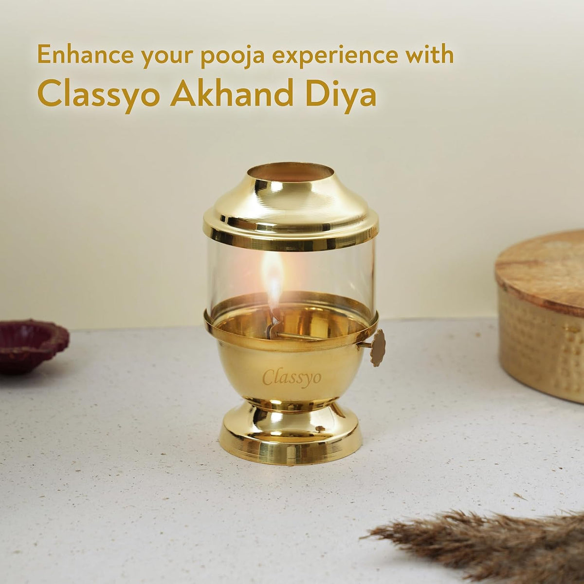 Classyo Pure Brass Akhand Diya with Adjustable Bati with Screw Lever for Puja, Borosilicate Glass (6 inch, 250ml Oil Capacity, Wick Included, Flame up to 48hrs)