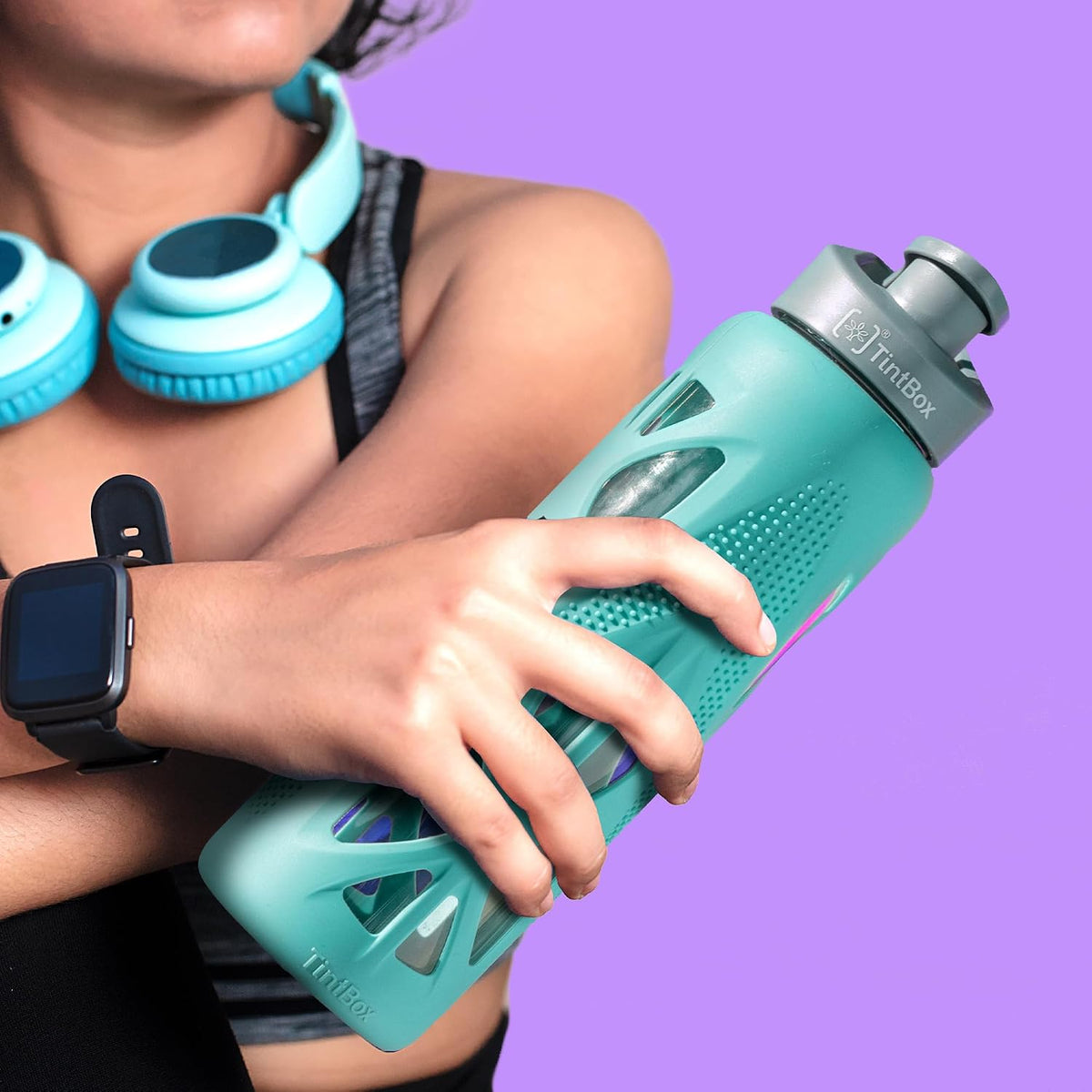 TintBox Borosilicate Glass Water Bottle with Silicone Sleeve | as seen on Shark Tank | perfect for Office, Home, Fridge, Gym, Travel | BPA Free | Power Blue | 7
