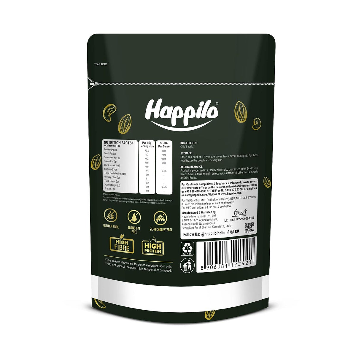 Happilo Premium Raw Chia Seeds 200g (Pack of 1) | Seed for Eating | Healthy Snacks | Good for Weight Management | Nutrient-Rich Superfood, High in Omega-3 Fatty