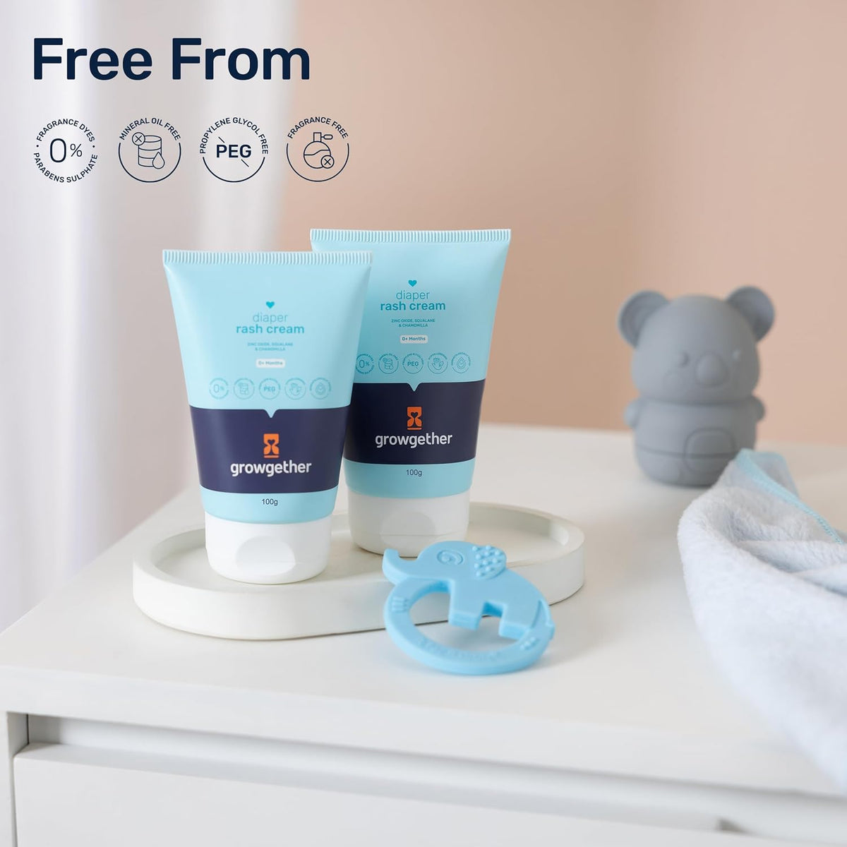 Growgether Baby Diaper Rash Cream | 3-in-1 Daily Protection with Zinc Oxide, Squalane & Chamomile, Hypoallergenic, Free from Parabens & Dyes, Fragrance-Free, No