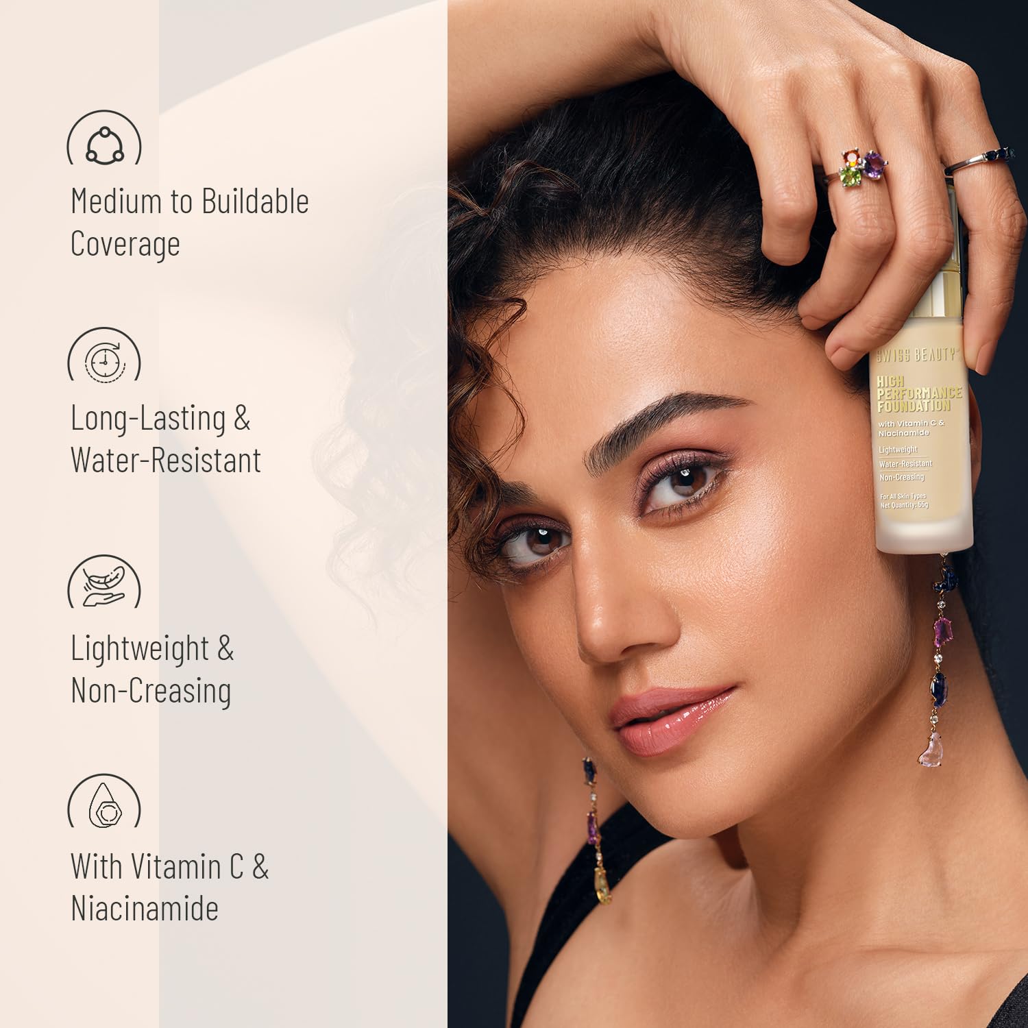 Swiss Beauty High Performance Foundation | Water-Resistant | Medium To Buildable Coverage Liquid Dewy Finish | Lightweight | Easy To Blend | With Vitamin C & Niacinamide | 02 Rose Blush, 55G