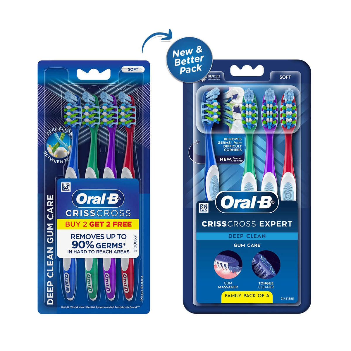 Oral-B Criss Cross Gum Care Soft Toothbrush For Adults, Soft Bristles, Healthier Gums, Multicolour Tooth Brush Set, Oral B Dentist Recommended Brand (Family Pac