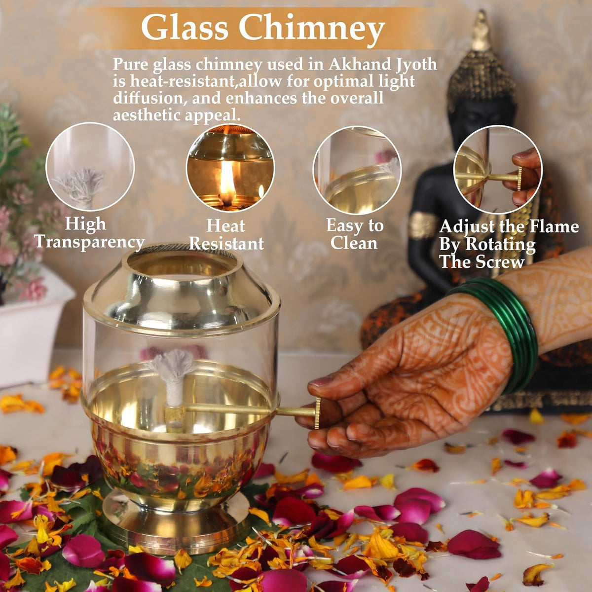 KBV Brass Akhand Jyoti Diya with Wick Adjustable Bati Knob & Borosilicate Glass Cover 250 ml Oil Capacity, Burns Up to 48 Hours, Includes Wick
