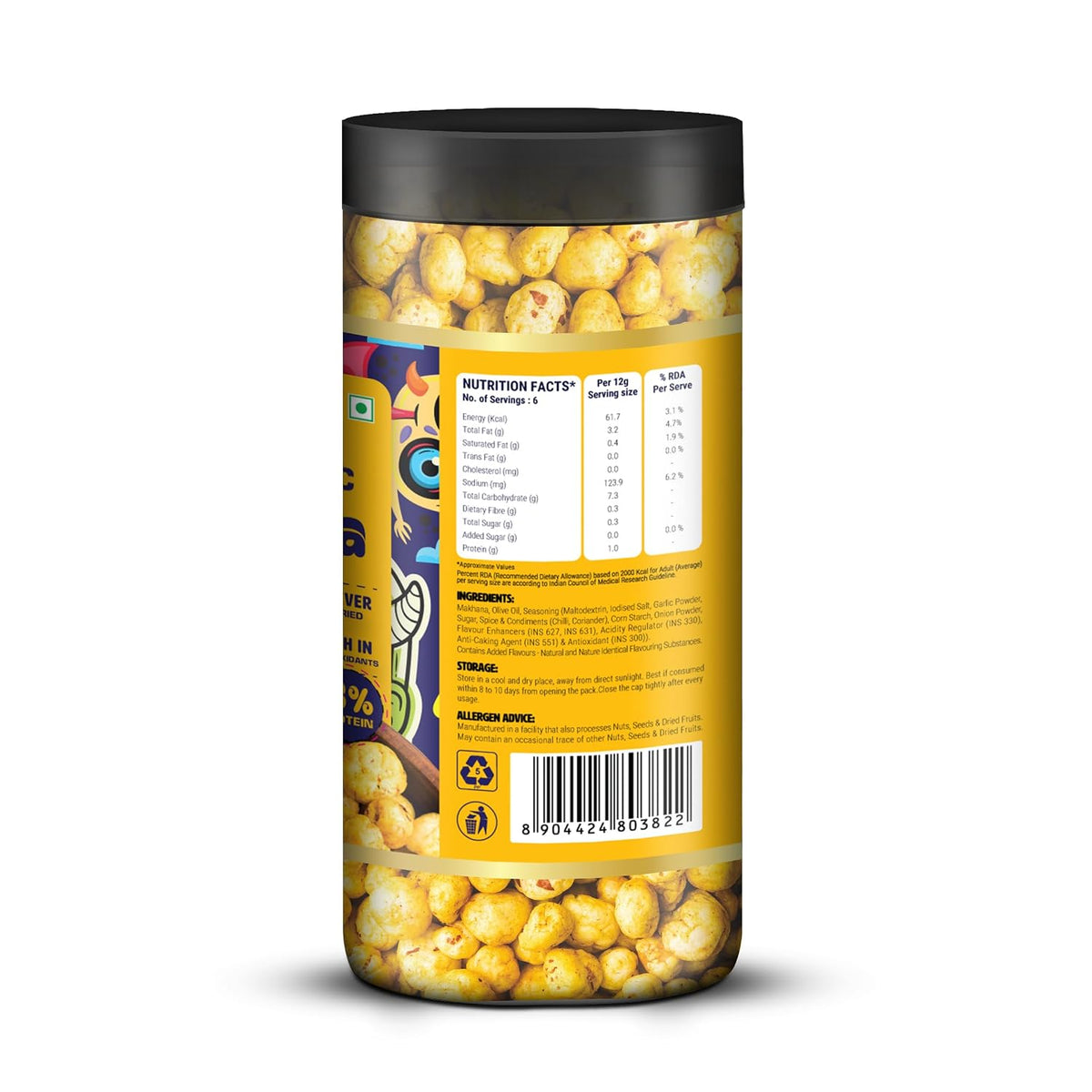 Happilo Premium Makhana Chilli Garlic Jar 80g | Roasted Foxnuts, Phool Makhana | Healthy Snacks | Low Calorie, Vegan, Spicy & Tasty