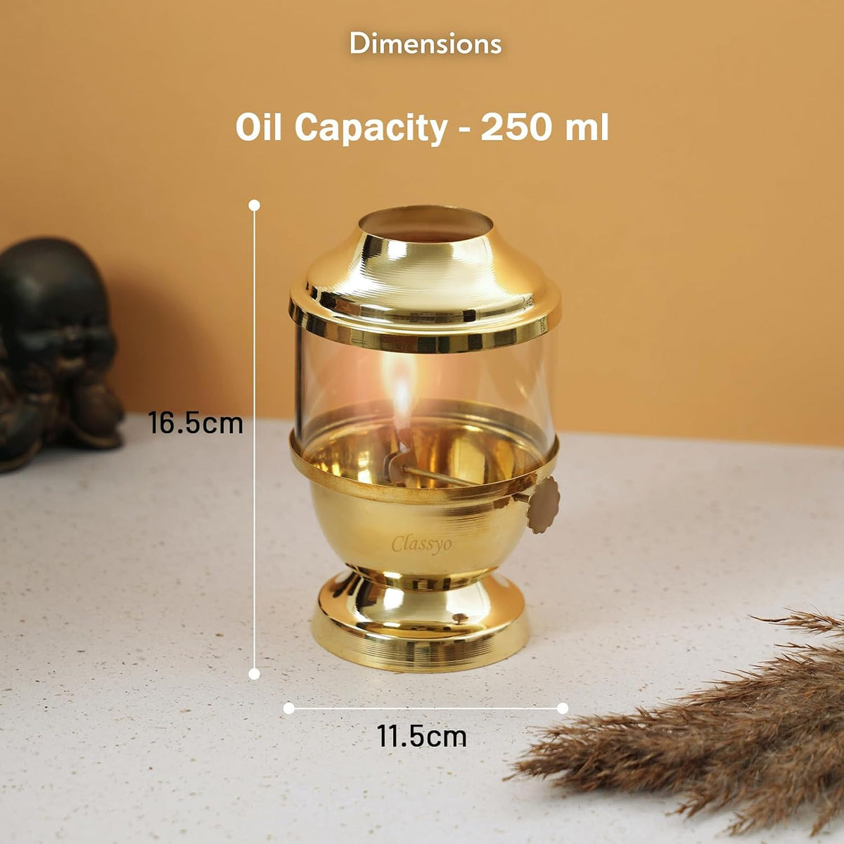 Classyo Pure Brass Akhand Diya with Adjustable Bati with Screw Lever for Puja, Borosilicate Glass (6 inch, 250ml Oil Capacity, Wick Included, Flame up to 48hrs)