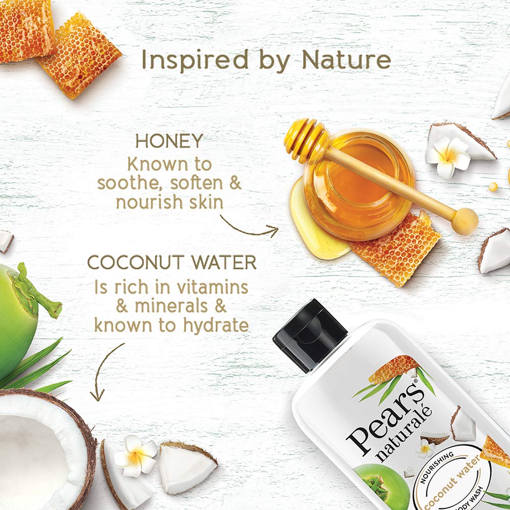 Pears Naturale Nourishing Coconut Water Body Wash 250 ml|| 100% Natural Ingredients|| Liquid Shower Gel with Honey for Glowing Skin - Paraben Free Coconut Water
