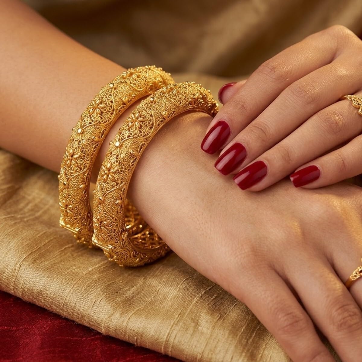 Accessher Set Of 2 Gold Plated Traditional Rajwadi Jewellery Inspired Ethnic Filigree Style Screw Closure Bangles/Festive Bangles For Women ideal Gift For Karwa