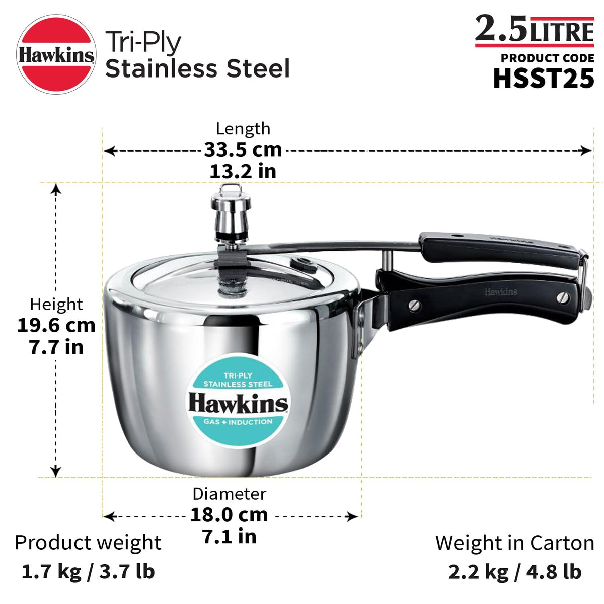 Hawkins 1.5 Litre Triply Stainless Steel Pressure Cooker, Inner Lid Induction Baby Cooker, Silver (HSST15) 1.5 Litres