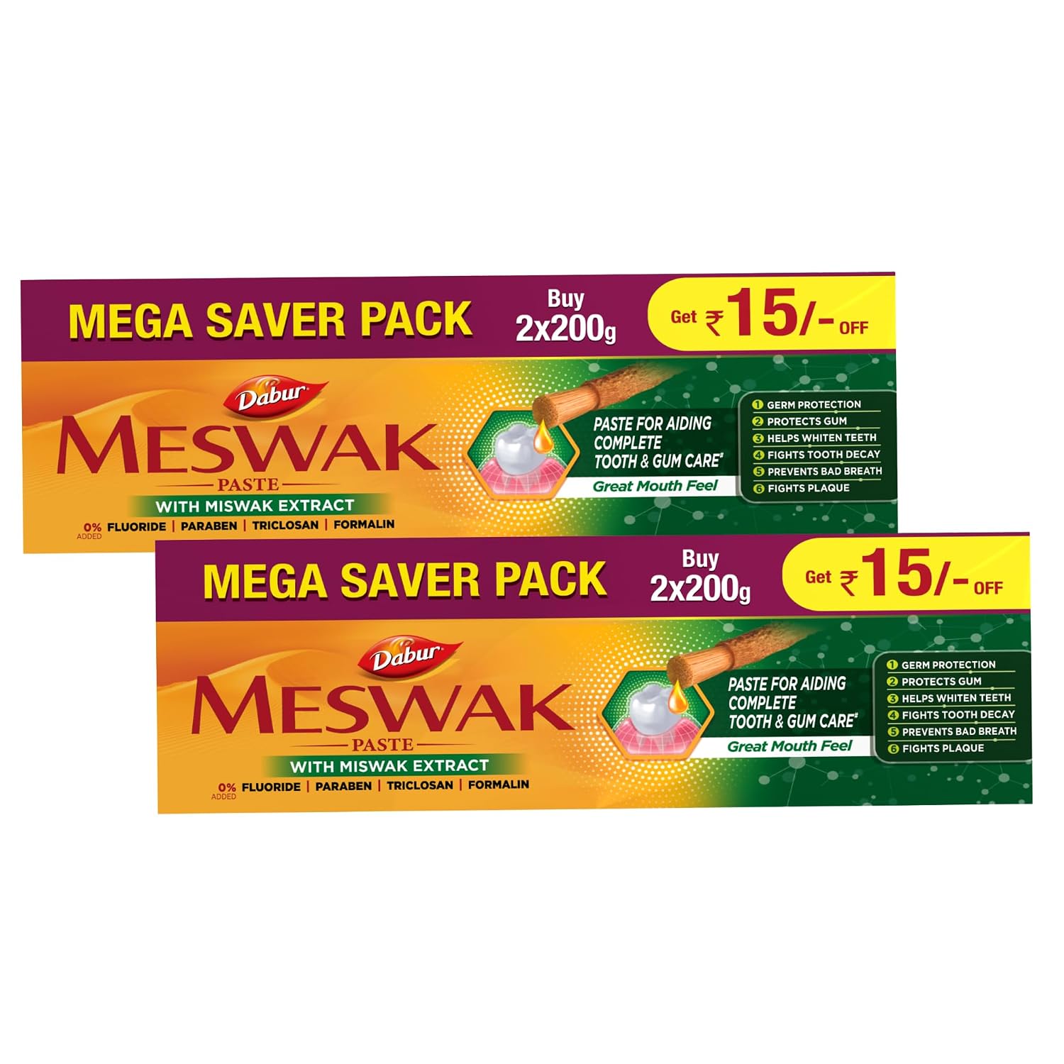 Dabur Meswak Complete Oral Care Toothpaste - 800g (400g x 2, Pack of 2) | Complete Oral & Gum Care Toothpaste | Contains Pure & Rare Miswak extract | No added Fluoride, Paraben, Triclosan & Formalin