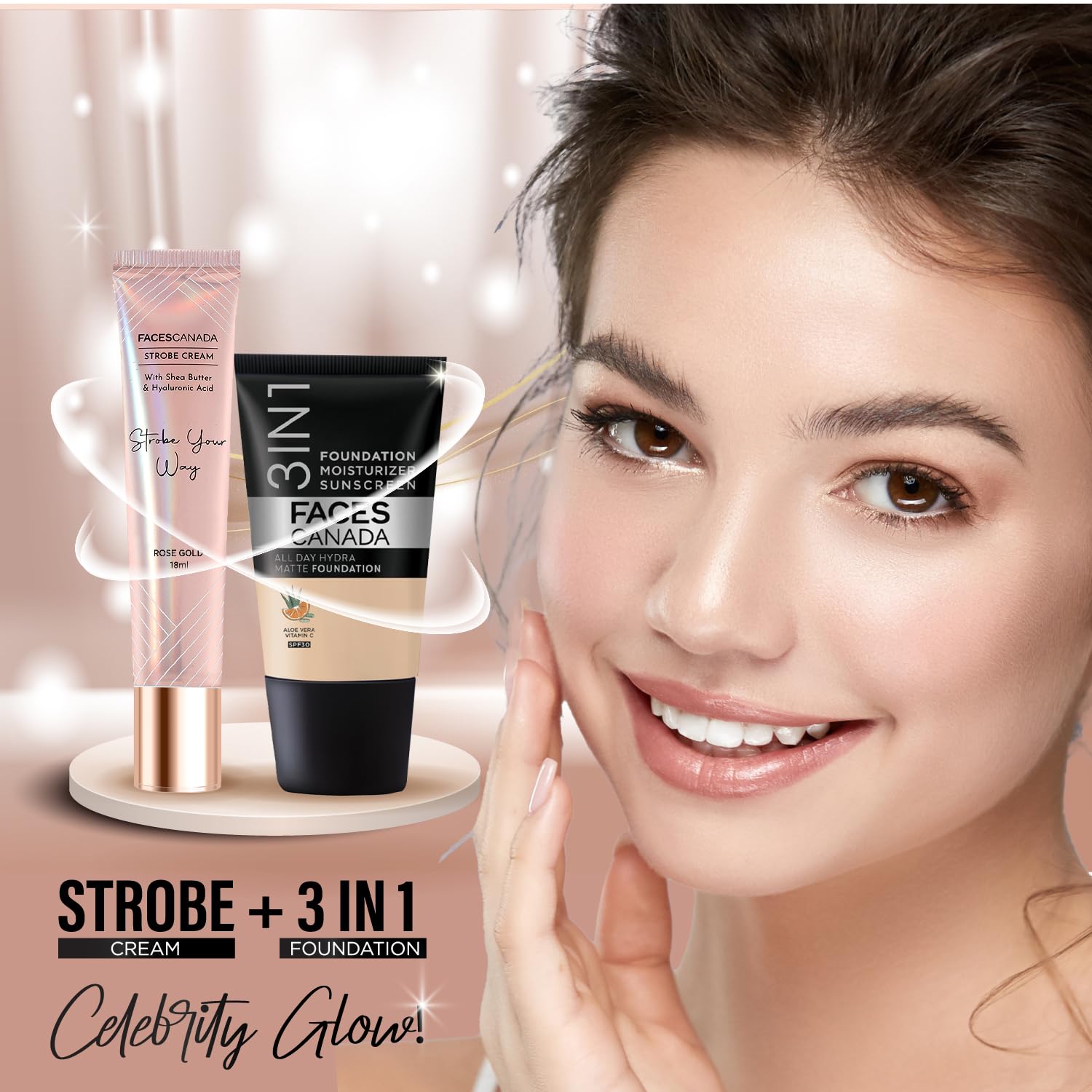 FACES CANADA Strobe Cream Mini- Rose Gold, 18ml | Primer + Highlighter + Moisturizer | Shea Butter & Hyaluronic Acid | Intense Hydration | Flawless Radiant Dewy Skin | Illuminating & Glowing Makeup Base