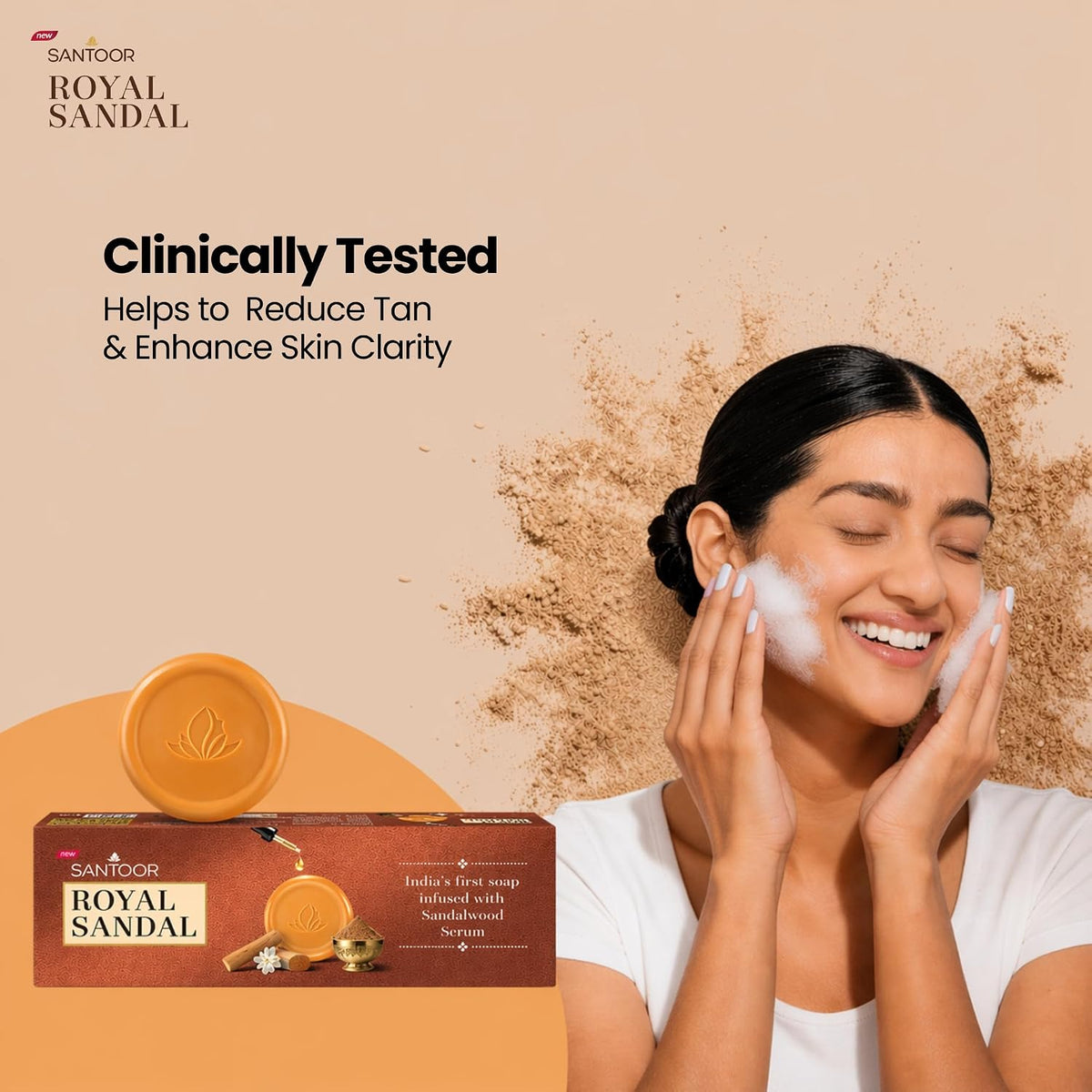 Santoor Royal Sandal Soap | Infused with Sandalwood Serum | Tan Removal | 100% Pure Sandalwood Oil & Powder | Helps Reduce Tan for Even-Toned, Glowing Skin | 15