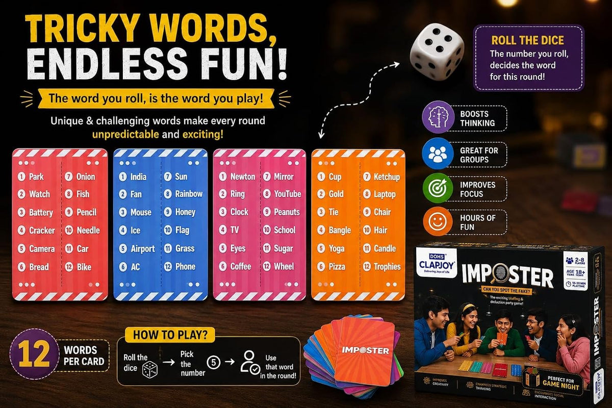 Clapjoy Board & Card Game – Imposter: Can You Spot The Fake? | 80 Cards | Bluffing &Deduction Party Game | Fun for Family Game Nights, Travel, Gifts for Teens &