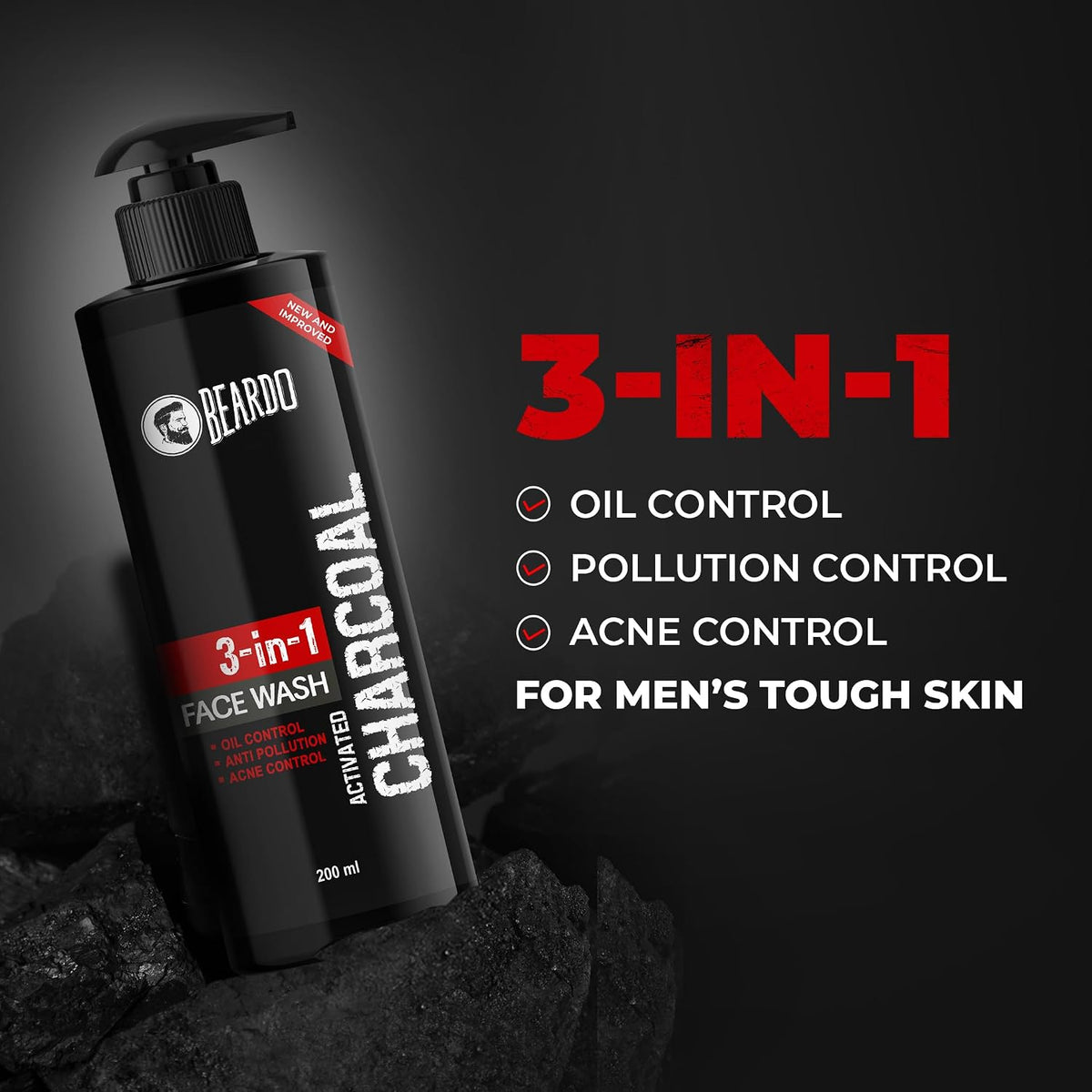 Beardo 3-in-1 Activated Charcoal Face Wash| Deep Cleanse, Exfoliate & Detoxify | All-in-One Face Wash for Oily Skin, Dirt & Pollution Removal | Oil Control Face