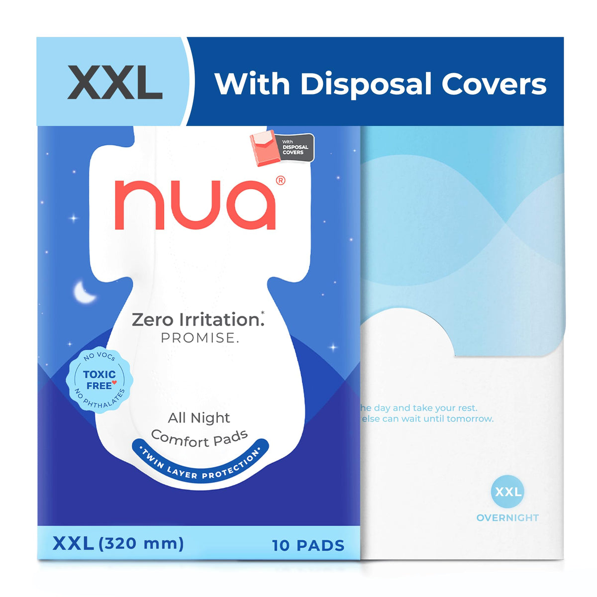 Nua All Night Comfort Sanitary Pads | Pack of 10 (XL++ 320mm) | Twin Layer Protection | 50% Wider Back and Anti Stain Wings | Upto 10 Hours of Absorption | Supe