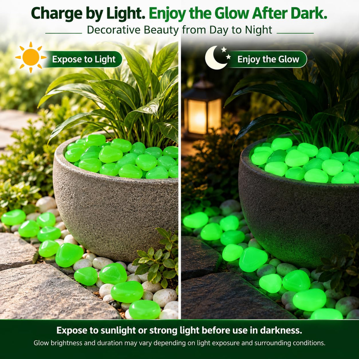 Woffely 100 PCS Glow in The Dark Decorative Stones, 180 g Green Glowing Pebbles, Light Absorbing Reusable Stones for Garden, Pathway, Aquarium, Planter, Vase, P
