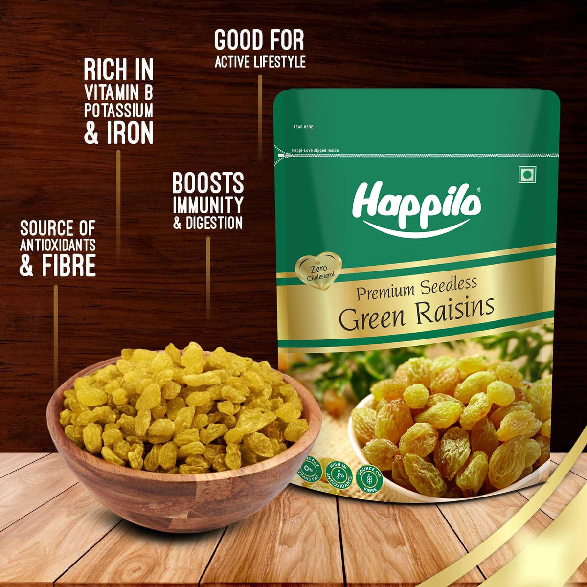 Happilo Premium Seedless Green Raisins 1 kg | Quality Kishmish/Kismis | Dry Fruits, Healthy Snacks | Rich in Iron & Vitamin B | Antioxidant Rich | Healthy Dry F