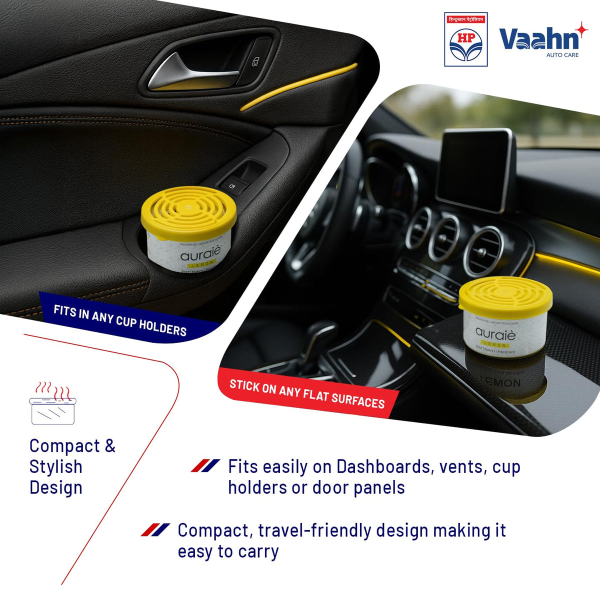 HP Vaahn Lemon Air Freshener for Dashboard & Car Interior | Gel Based Car Perfumes | Deodorizer for Dashboards & Vents | Premium Auto Interior Fragrance | Long-