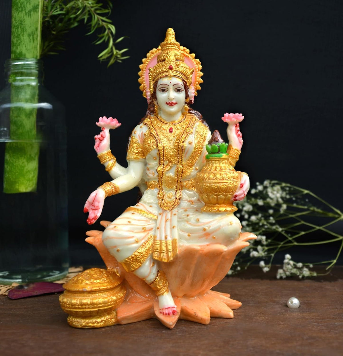 KRISHNAGALLERY1 Marble Dust Lord Laxmi Ji Murti Statue Idol Laxmi MATA Murti for Home Pooja Gifted Piece Office Decor Good Luck Diwali Idol 7 Inches,White