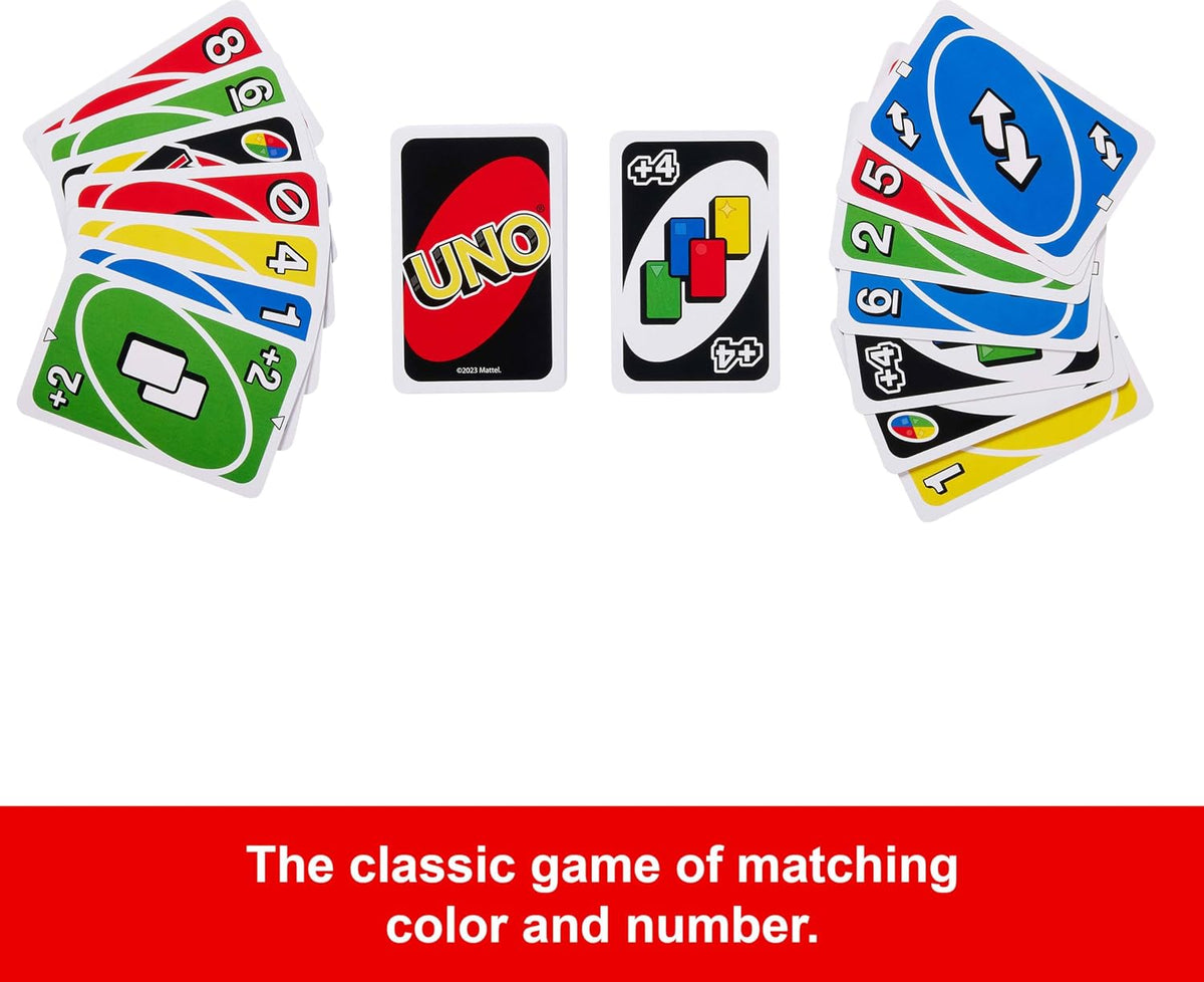 Mattel Games UNO Card Game with 2 Add On Packs with Storage Tin UNO w/Add-On Reverse + Stack Packs