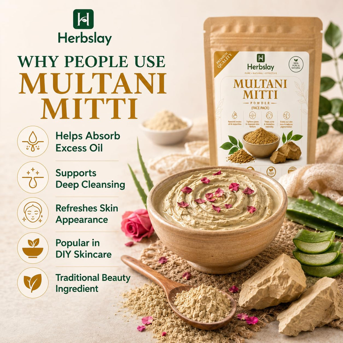 Multani Mitti Powder Face Pack, Pure Natural Fuller's Earth, for Oil Control, Deep Cleansing and DIY Skincare 100 g (Pack of 1)