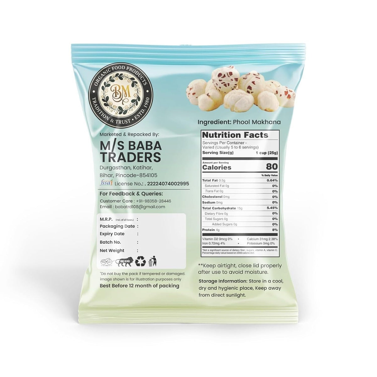 BM ORGANIC FOOD PRODUCTS Phool Makhana 500gm | Naturally Hand-Picked Fox Nuts | Natural Lotus Seeds | Healthy Roasted Snack | High Fiber & Protein Rich | Gluten