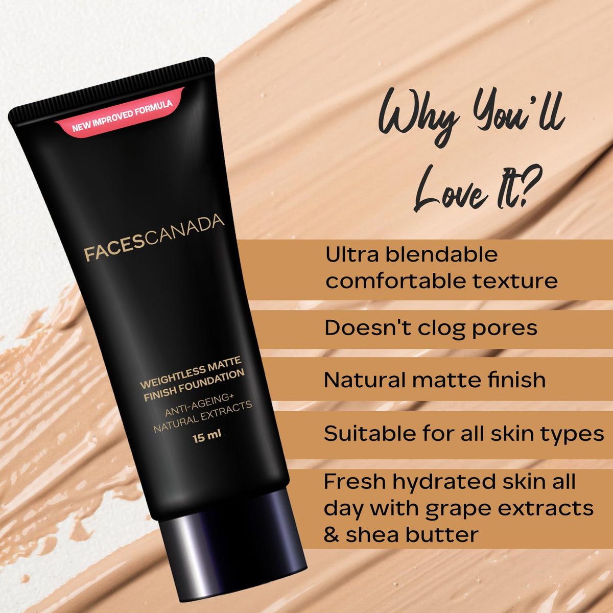 FACESCANADA Weightless Matte Finish Foundation - Medium Natural, 15ml | Lightweight | Natural Finish | Anti-Ageing | Non-Clog Pores | Enriched With Olive Seed O