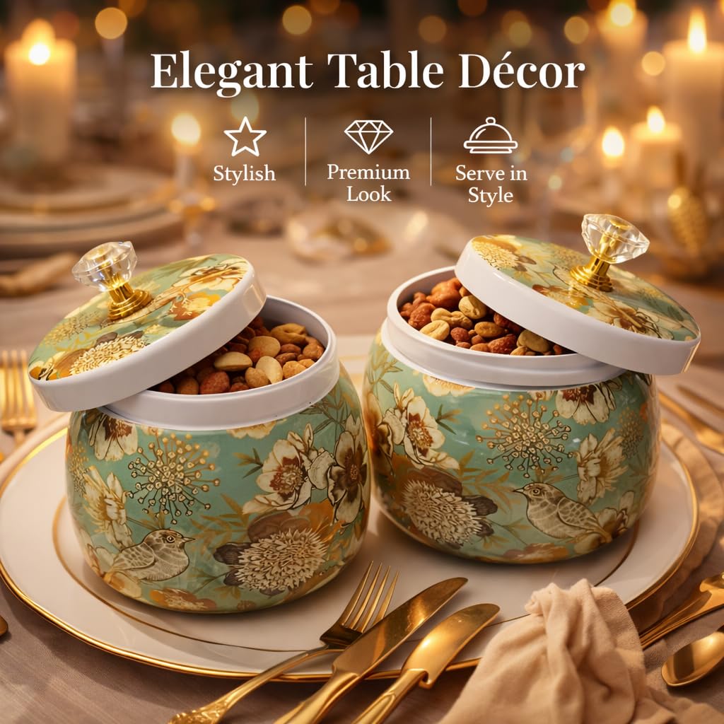 Kalakriti (Set of 2, 4x4 Inch Rust Free Meenakari Design Floral Birds Dryfruits Storage Jar with Airtight Lid Crystal Knob | Stylish Home Kitchen Organizer Cont
