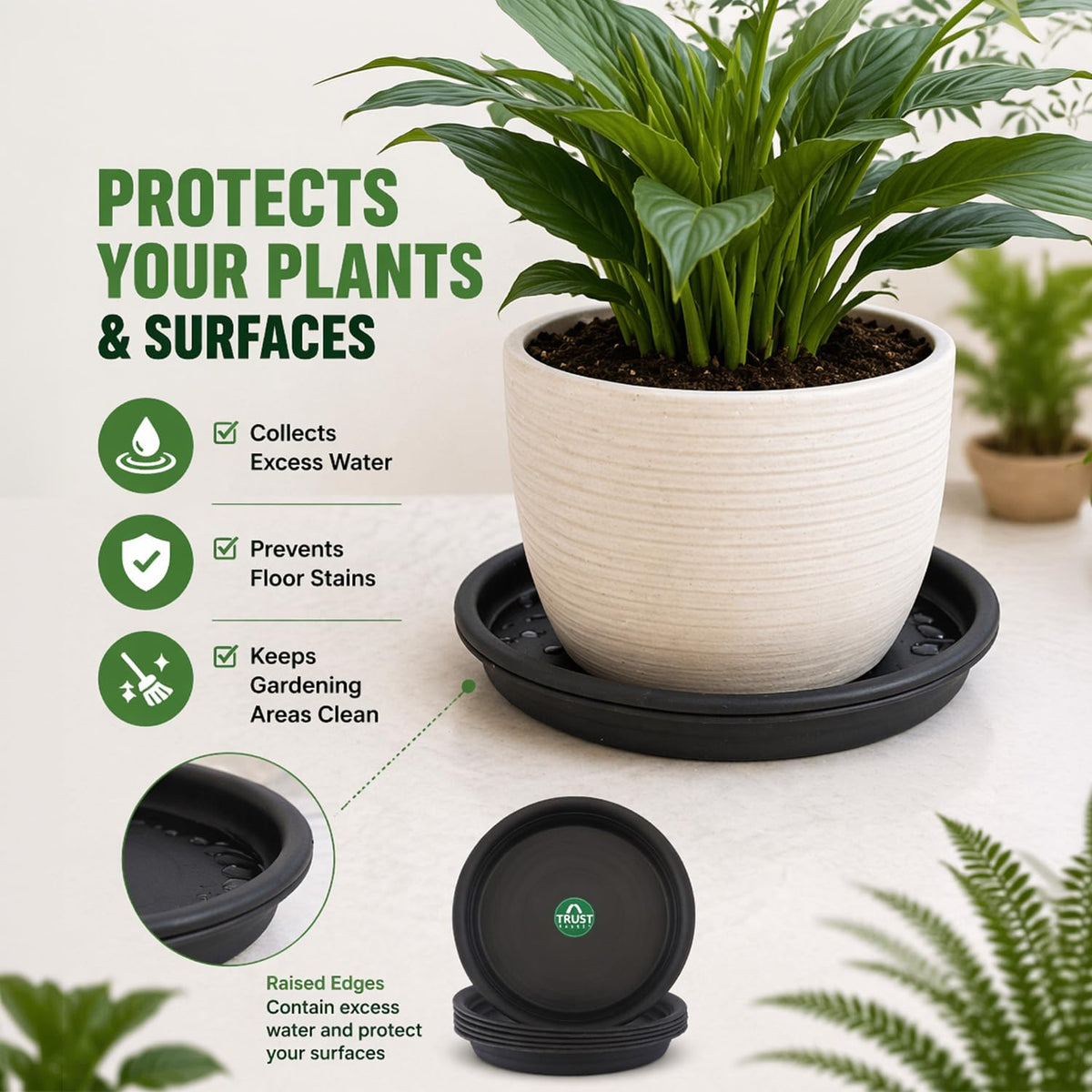 TrustBasket UV Treated Round Bottom Tray/Plate/Saucer Suitable for 10 inch Round Plastic Pot - Set of 6 | Heavy Duty Highly Durable Plant saucerGamla for Indoor