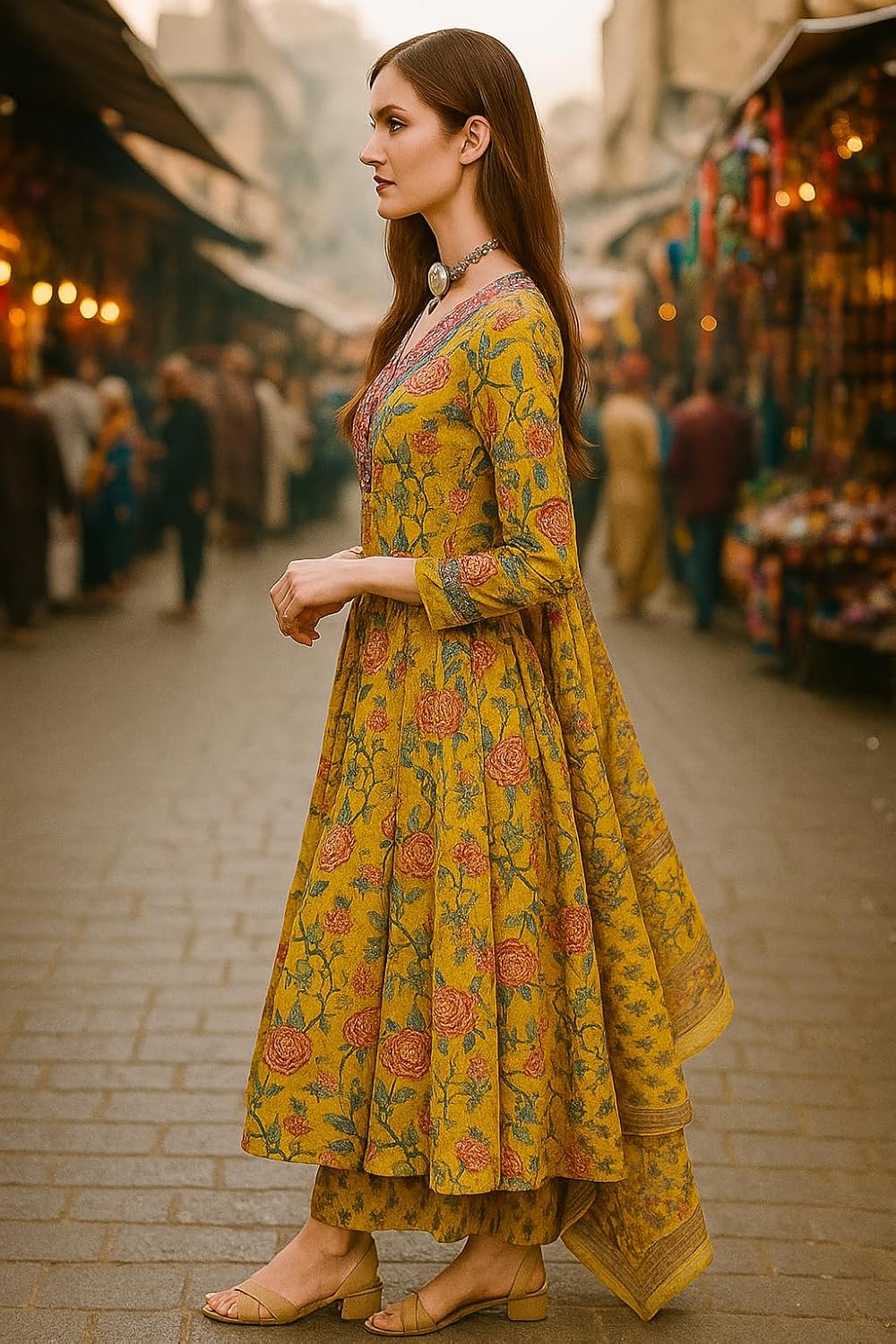 Yashika Floral Regular Womens Kurta Printed Cotton Blend Fabric with Trousers and Dupatta 40 Yellow