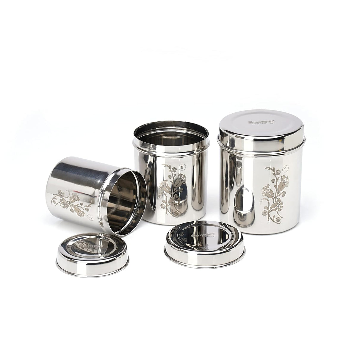 Sumeet Designer Stainless Steel Vertical Canisters/Ubha Dabba/Storage Containers Set of 3Pc (400ml,500ml,750ml), Silver